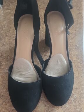 LC Lauren Conrad Black Suede Ankle-Strap Block Heel Pumps